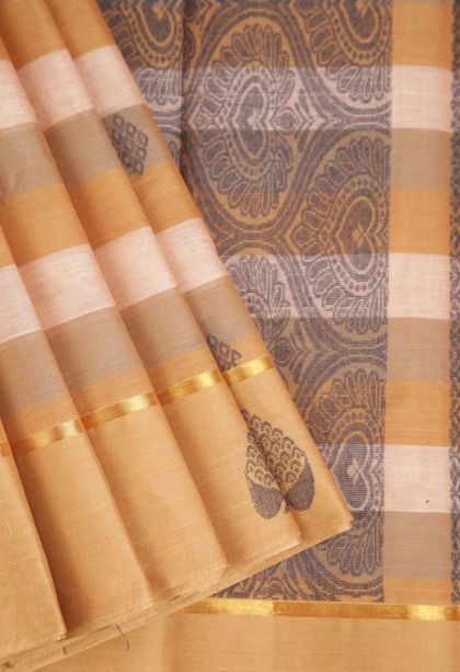 Tawny Brown Kanchi Cotton Sarees with Gold Zari Geometric Shapes