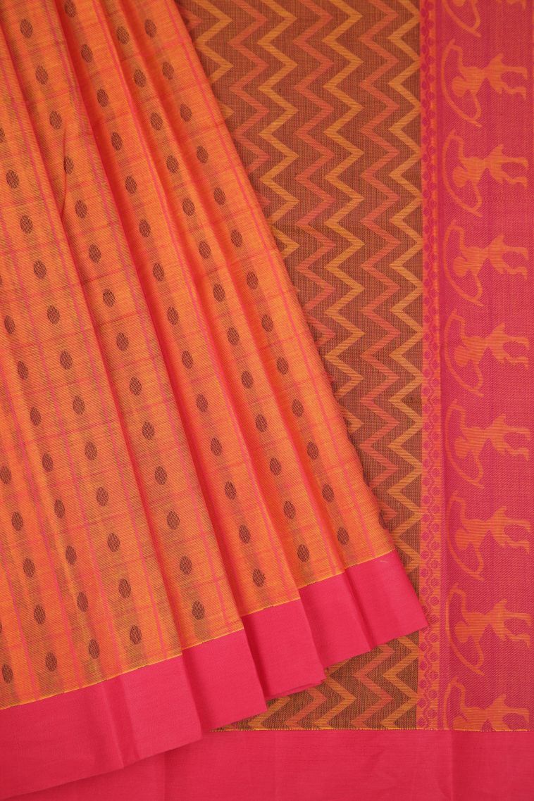 Tiger Orange Kanchi Cotton Sarees with Without Zari Zari Buttis (small Dots Or Motifs) view 1
