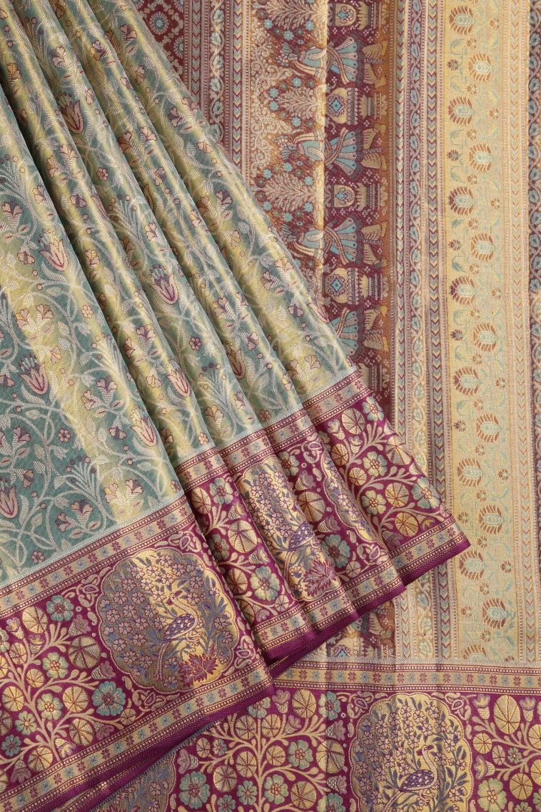 Cerulean Blue Kanchipuram Silk Sarees with Gold And Silver Zari Floral Patterns view 1