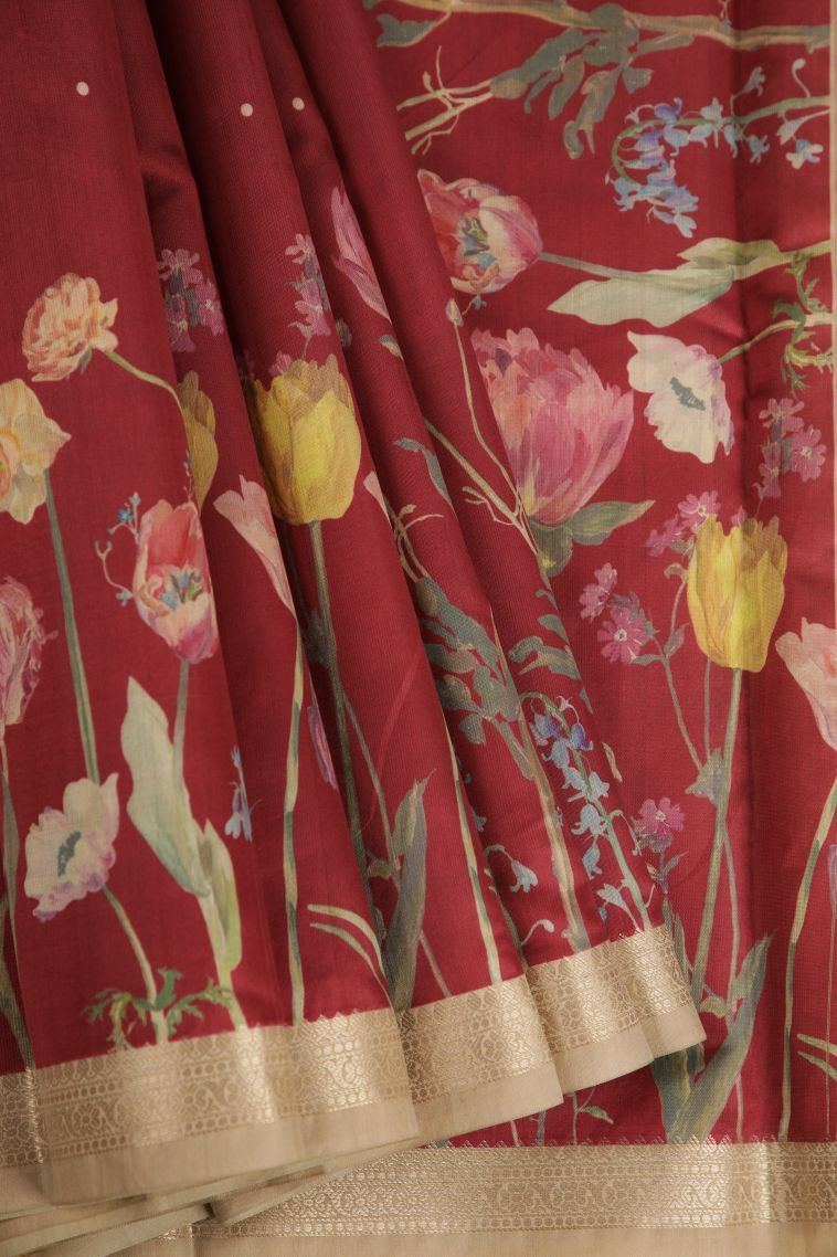 Crimson Red Fancy Saree with Silver Zari Floral Patterns view 1