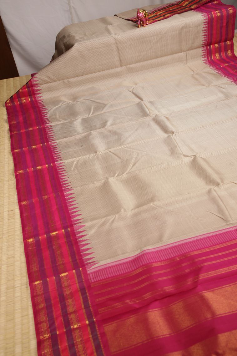 Linen White Kanchipuram Silk Sarees with Gold Zari Checks view 2