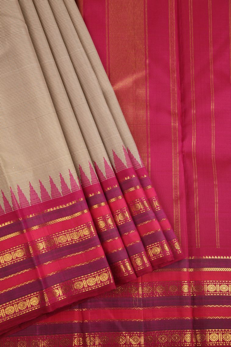 Linen White Kanchipuram Silk Sarees with Gold Zari Checks view 1