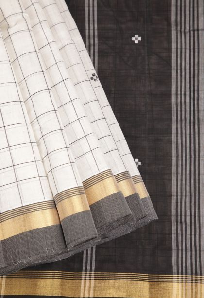 Ivory White Kanchi Cotton Sarees with Gold Zari Checks