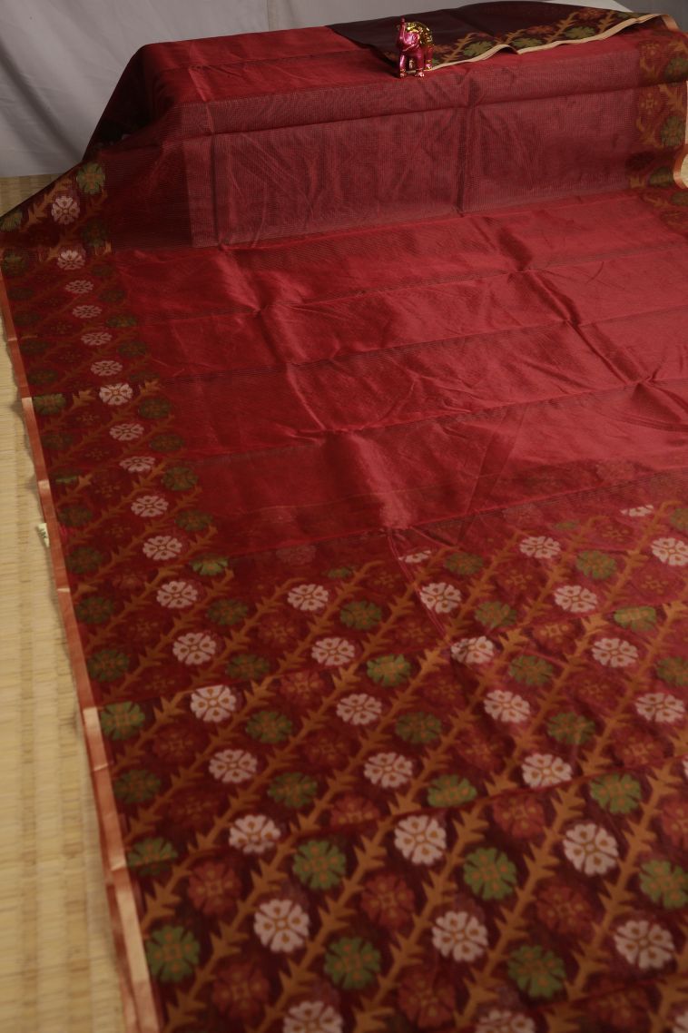 Apple Red Organza Saree with Gold Zari Floral Patterns view 2