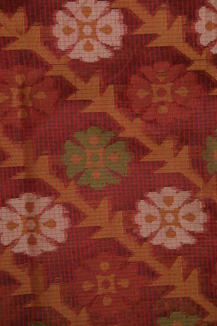 Apple Red Organza Saree with Gold Zari Floral Patterns view 3