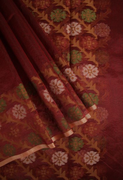 Apple Red Organza Saree with Gold Zari Floral Patterns