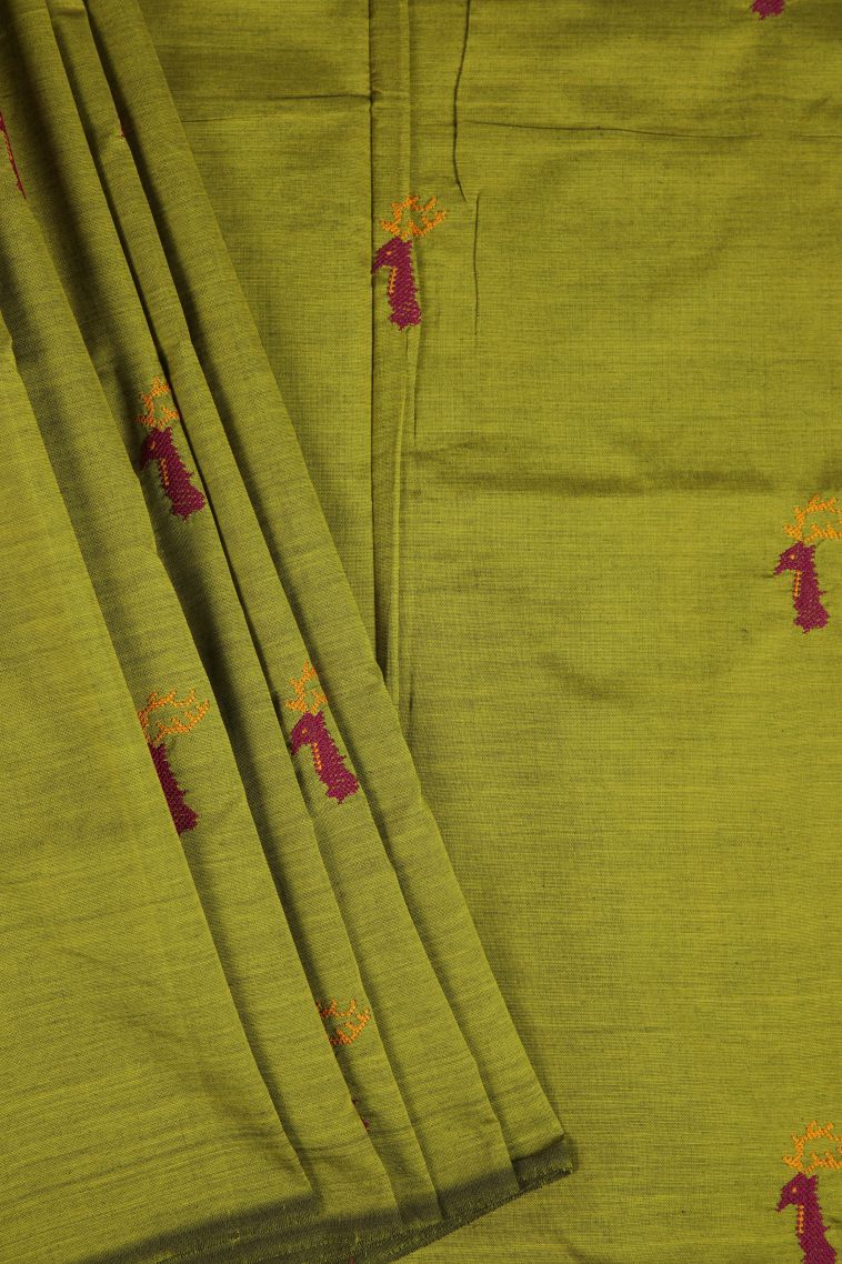 Pear Green Poly Cotton Sarees with Without Zari Zari Animal And Bird Motifs view 1