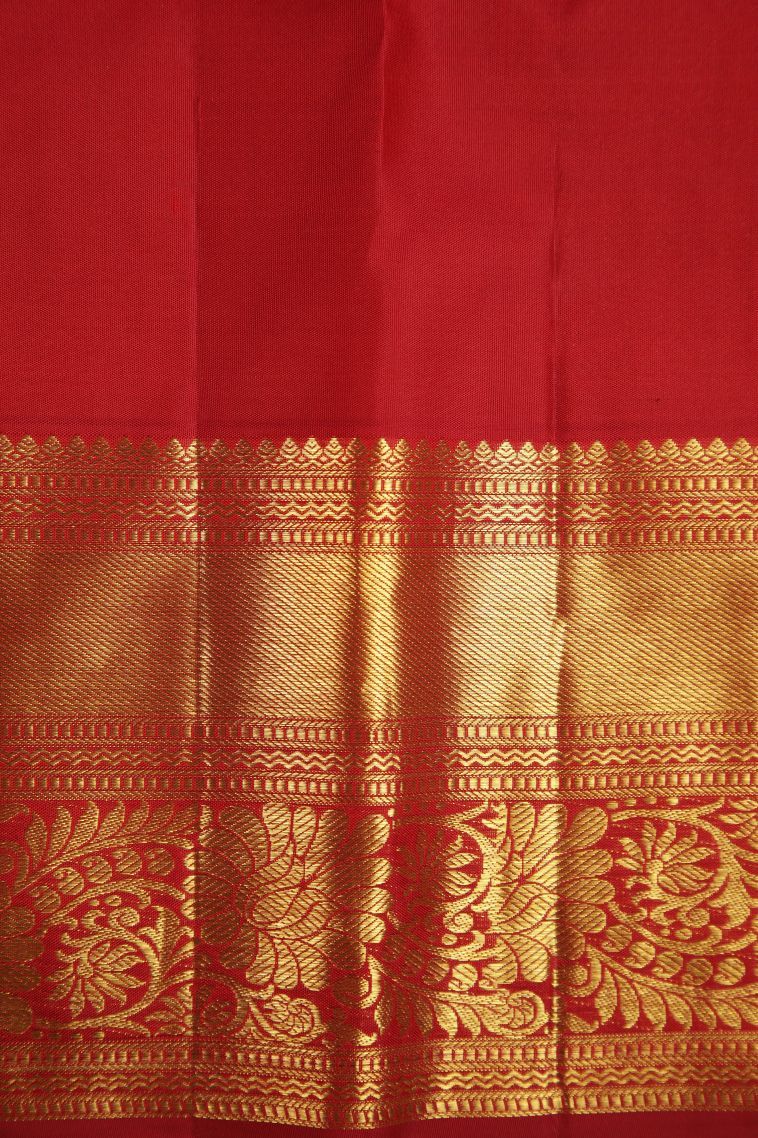 Candy Red Kanchipuram Silk Sarees with Gold Zari Peacock Motifs view 3