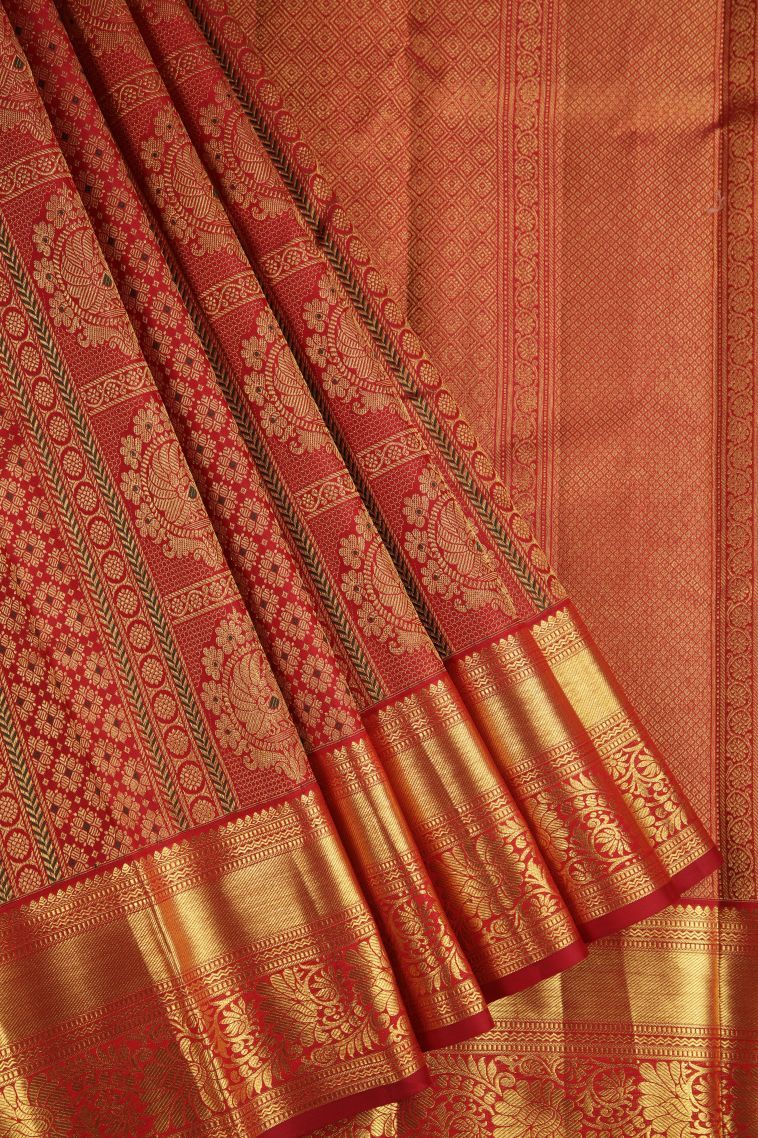 Candy Red Kanchipuram Silk Sarees with Gold Zari Peacock Motifs view 1