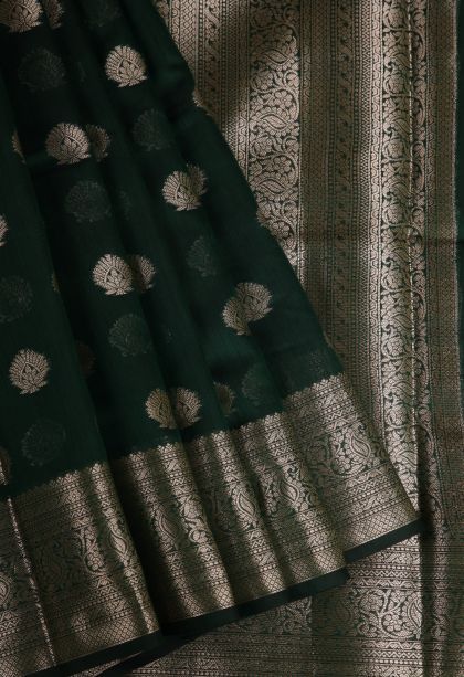 Pine Green Fancy Saree with Gold Zari Floral Patterns