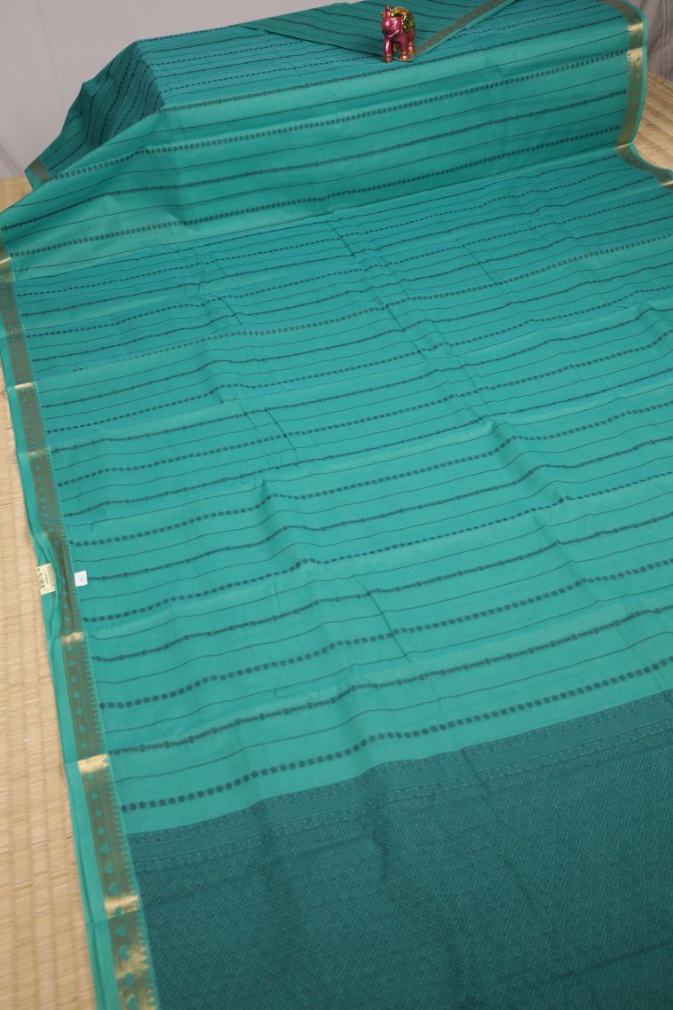 Ocean Blue Kanchi Cotton Sarees with Gold Zari Buttis (small Dots Or Motifs) view 2