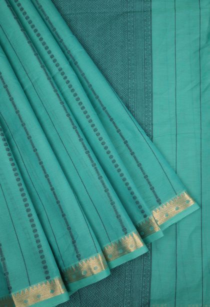 Ocean Blue Kanchi Cotton Sarees with Gold Zari Buttis (small Dots Or Motifs)