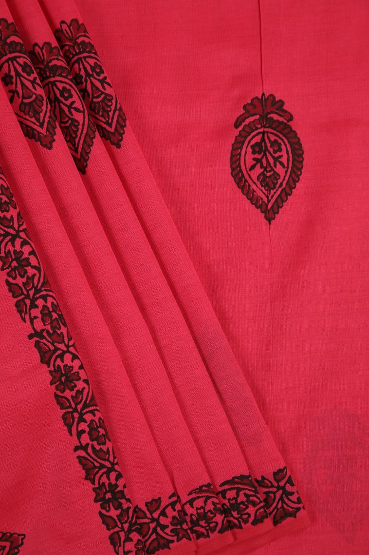 Strawberry Pink Poly Cotton Sarees with Without Zari Zari Floral Patterns view 1