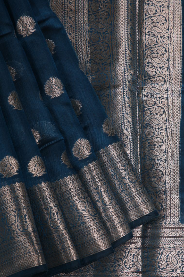 Admiral Blue Fancy Saree with Silver Zari Floral Patterns view 1