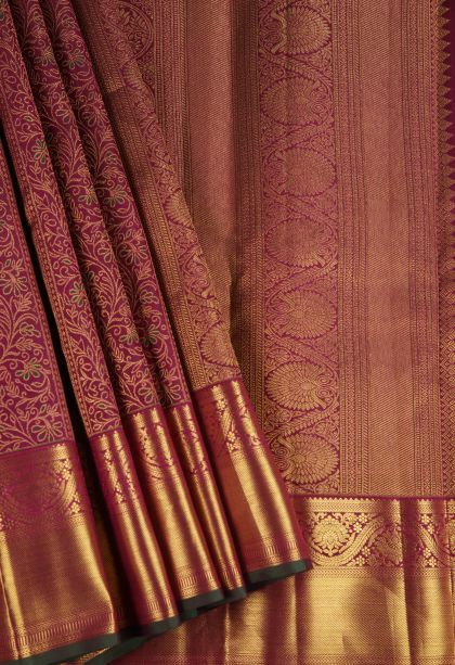 Magenta Purple Kanchipuram Silk Sarees with Gold Zari Floral Patterns