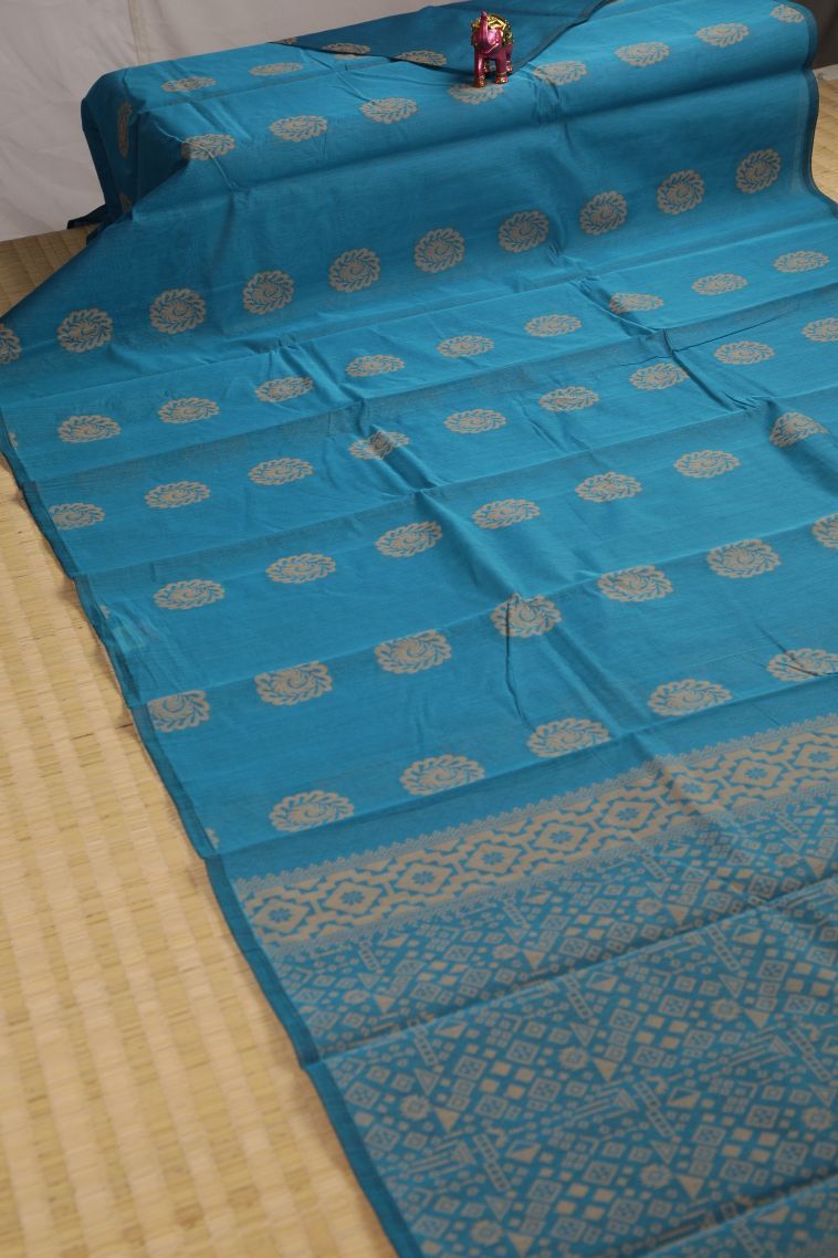 Cerulean Blue Silk Cotton with Copper Zari Floral Patterns view 2