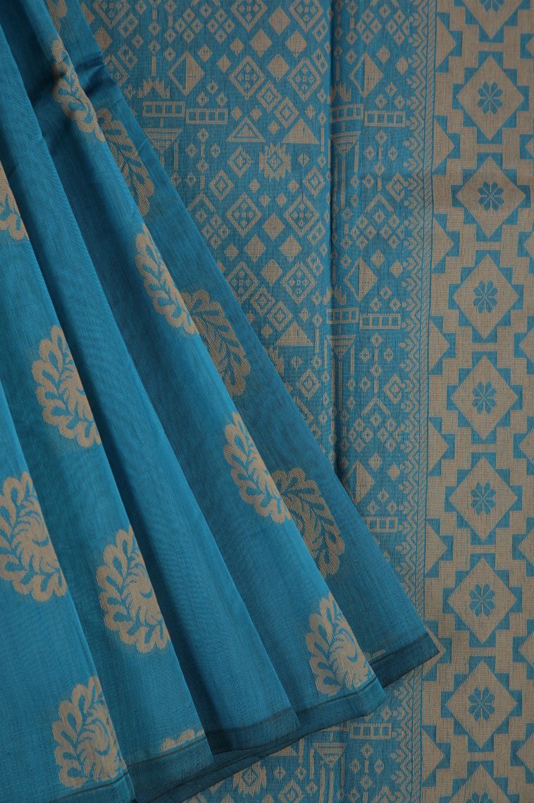 Cerulean Blue Silk Cotton with Copper Zari Floral Patterns view 1