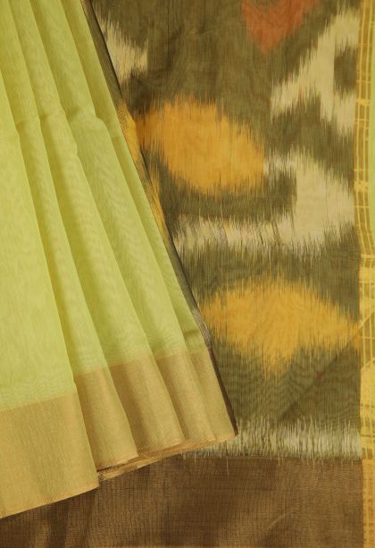 Lemon Yellow Silk Cotton Sarees with Copper Zari Stripes
