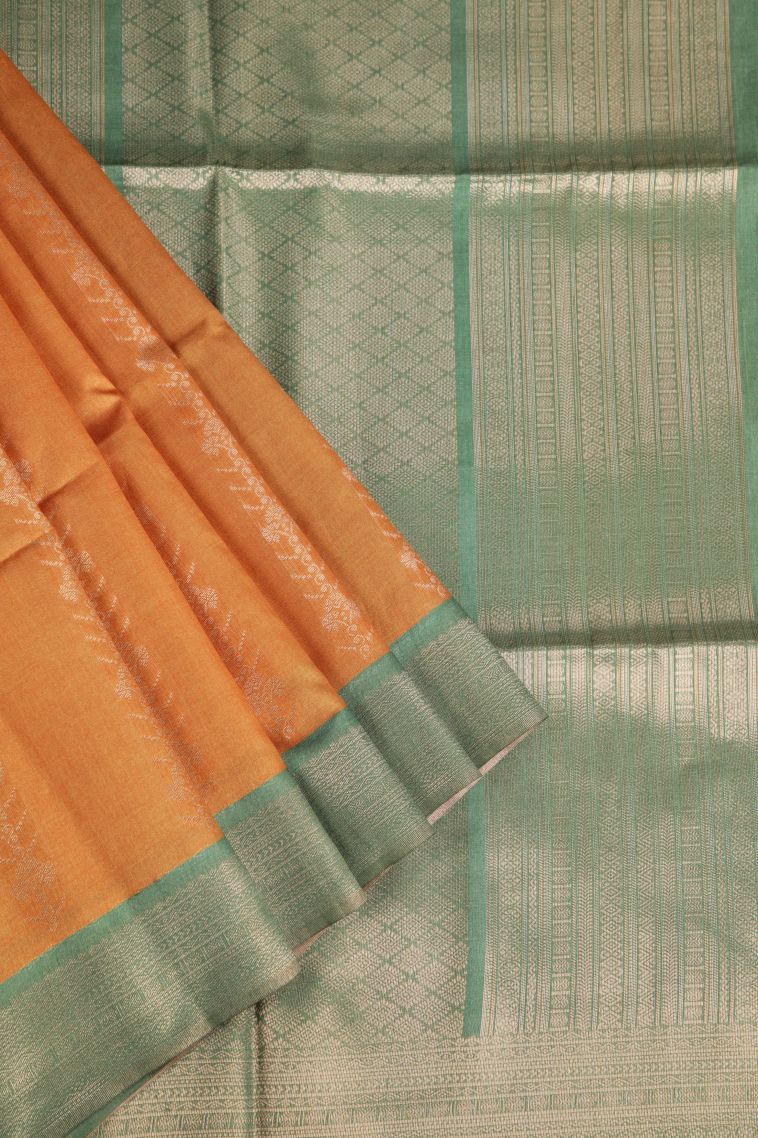 Candy Orange Fancy Saree with Silver Zari Floral Patterns view 1