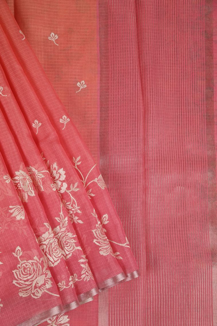 Watermelon Pink Fancy Saree with Silver Zari Floral Patterns view 1