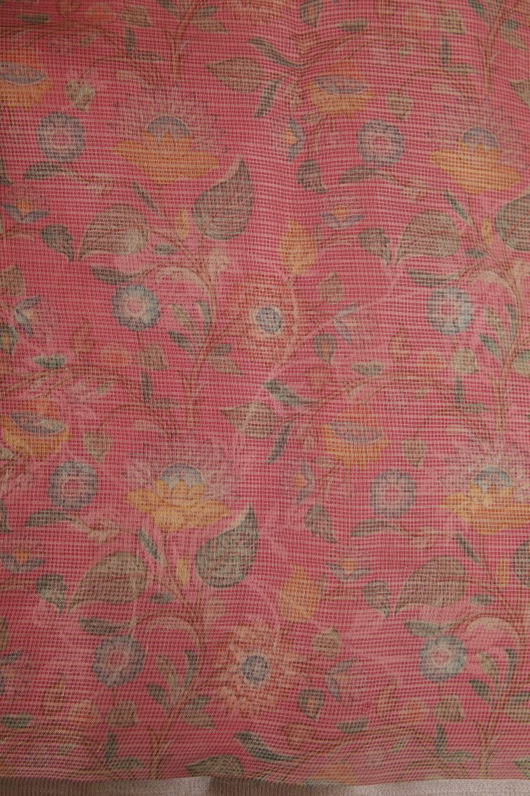 Watermelon Pink Fancy Saree with Silver Zari Floral Patterns view 3