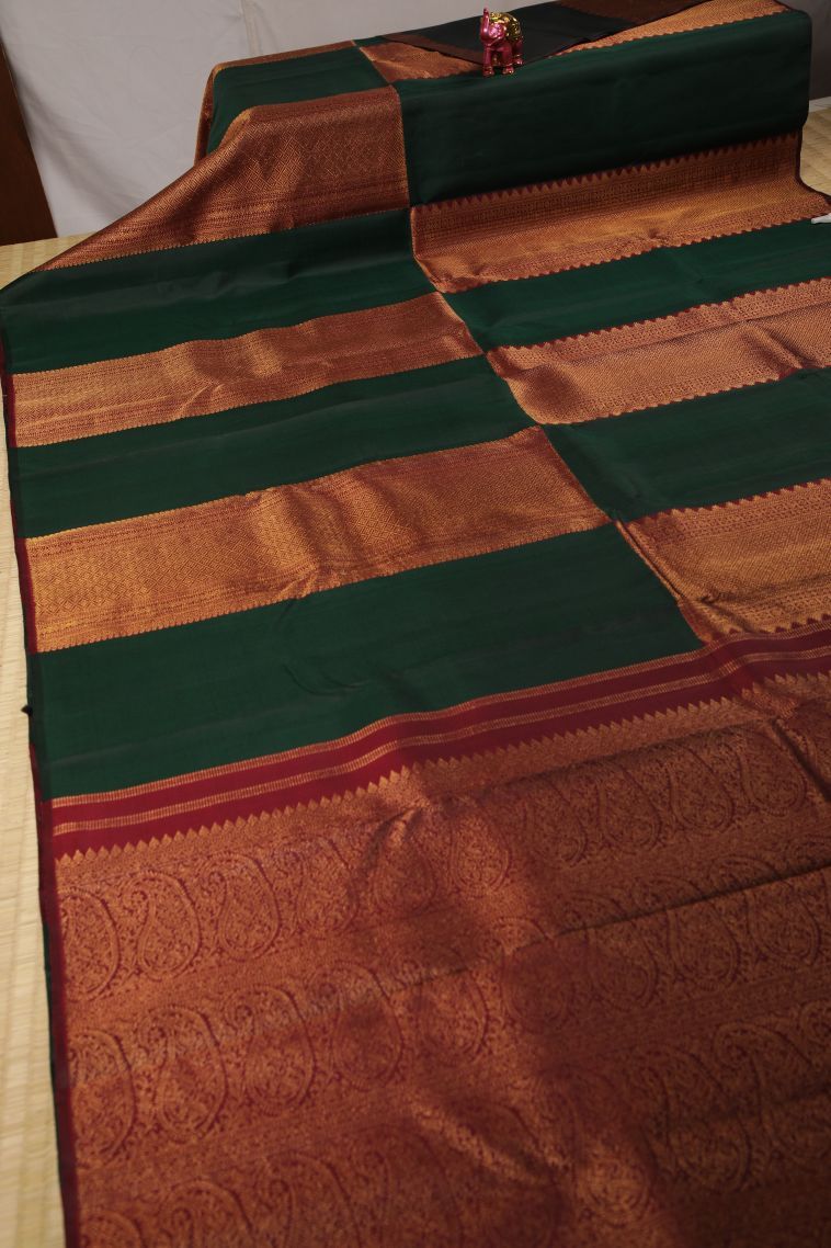 Bottle Green Kanchipuram Silk Sarees with Gold Zari Buttis (small Dots Or Motifs) view 2