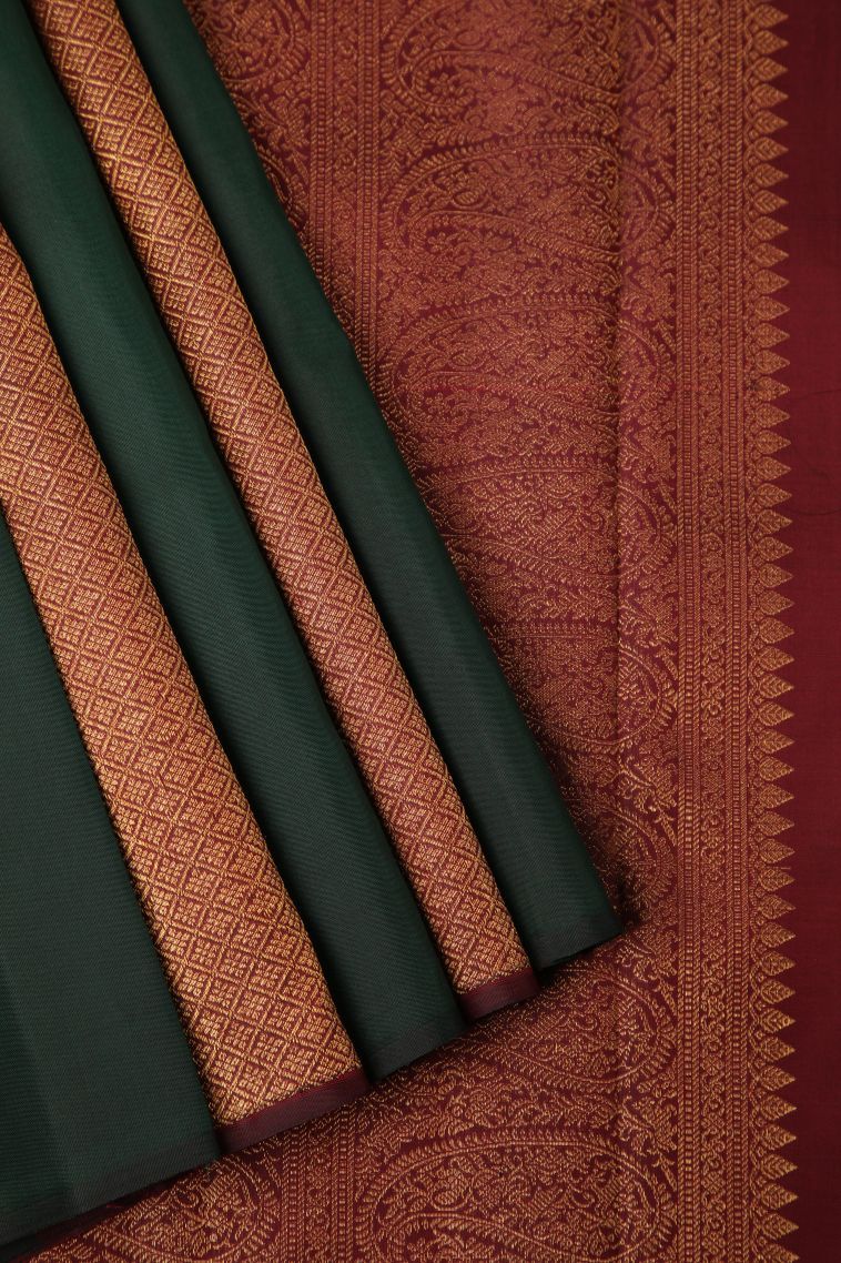 Bottle Green Kanchipuram Silk Sarees with Gold Zari Buttis (small Dots Or Motifs) view 1