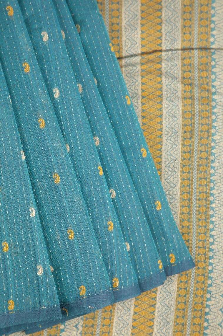 Cerulean Blue Kanchi Cotton Sarees with Without Zari Zari Paisley (mango Design) view 1