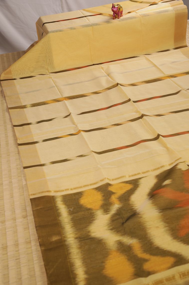 Macaroon Yellow Pochampalli Saree with Copper Zari Stripes view 2