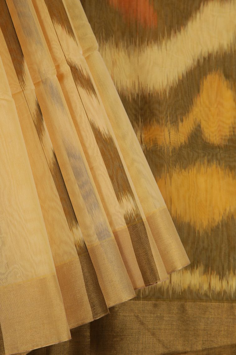 Macaroon Yellow Pochampalli Saree with Copper Zari Stripes view 1