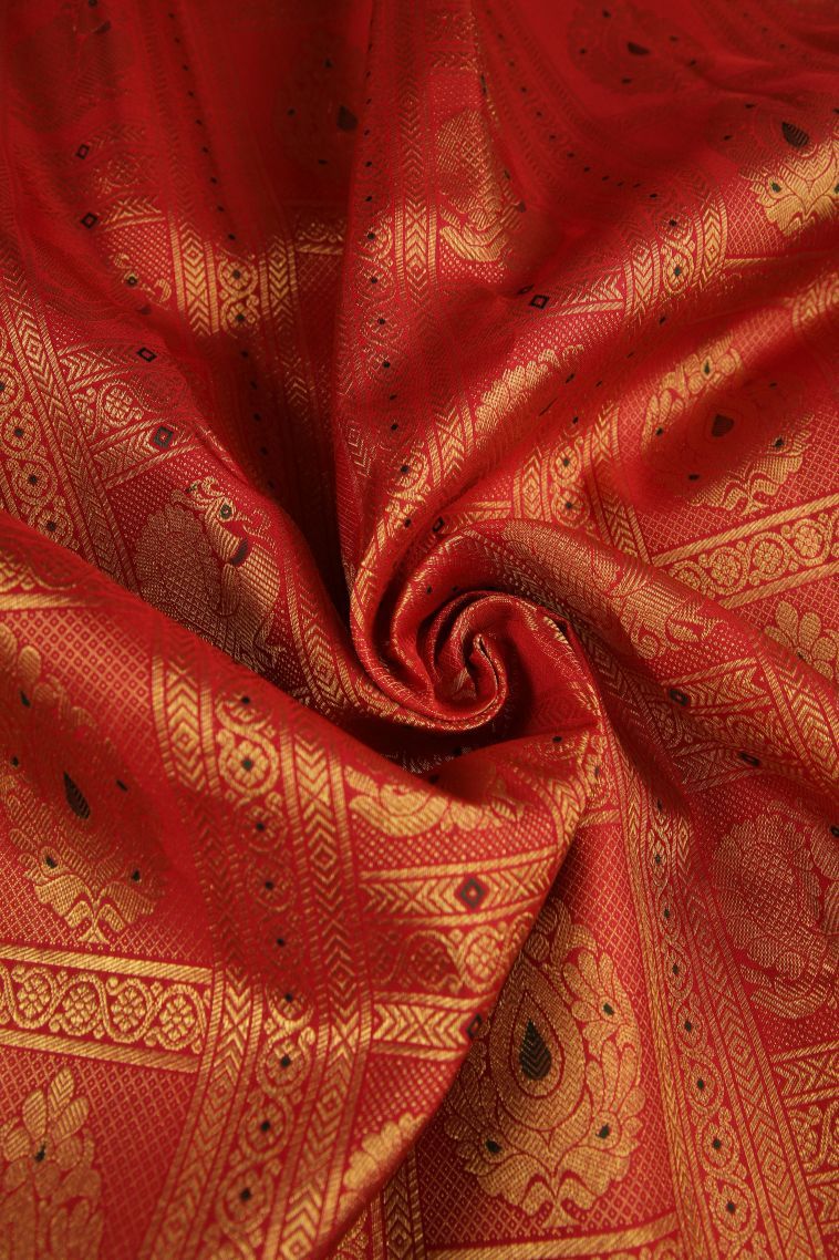 Rose  Red Kanchipuram Silk Sarees with Gold Zari Peacock Motifs view 4