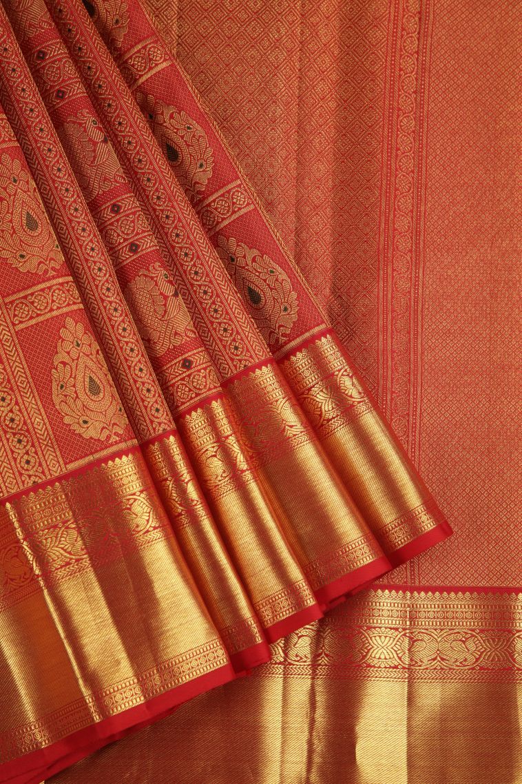 Rose  Red Kanchipuram Silk Sarees with Gold Zari Peacock Motifs view 1