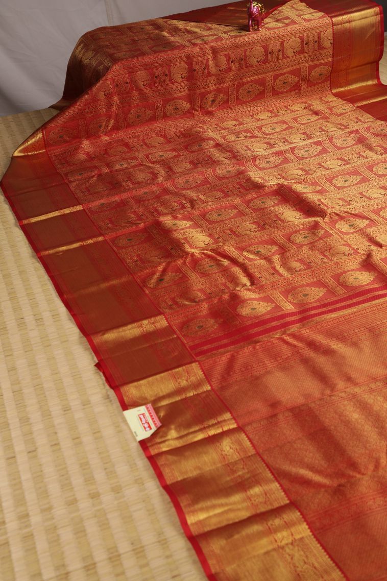 Rose  Red Kanchipuram Silk Sarees with Gold Zari Peacock Motifs view 2