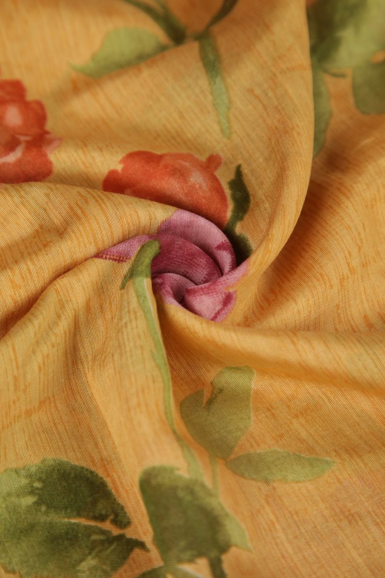 Honey Orange Fancy Saree with Silver Zari Floral Patterns view 4