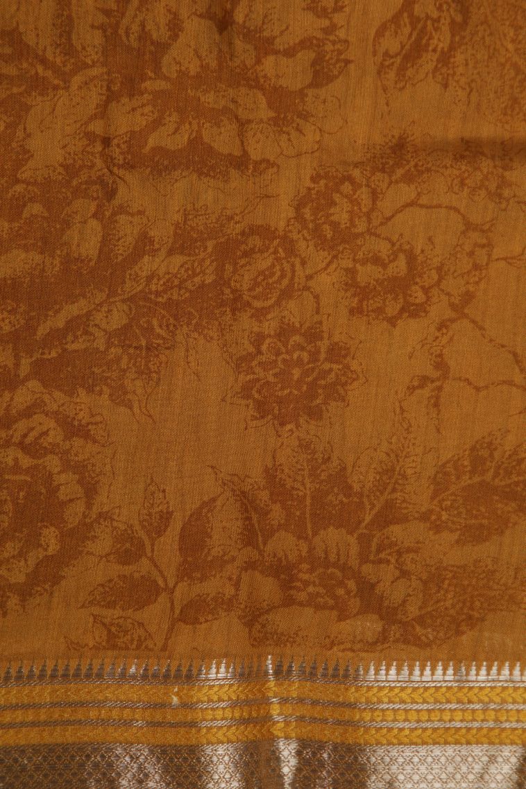 Honey Orange Fancy Saree with Silver Zari Floral Patterns view 3