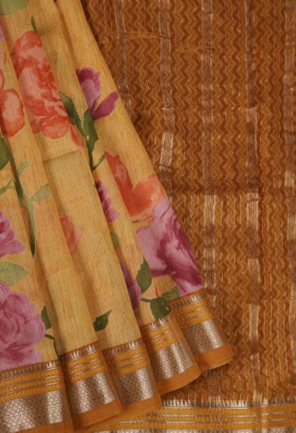 Honey Orange Fancy Saree with Silver Zari Floral Patterns