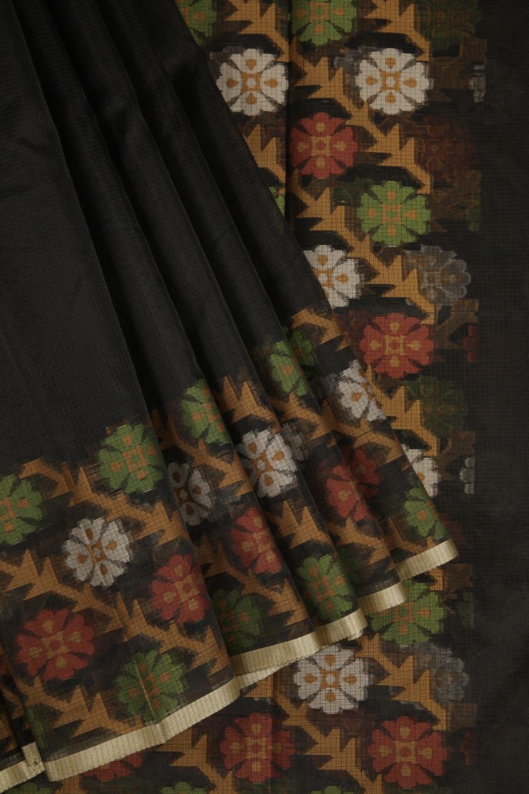Asphalt Black Organza Saree with Gold Zari Floral Patterns view 1