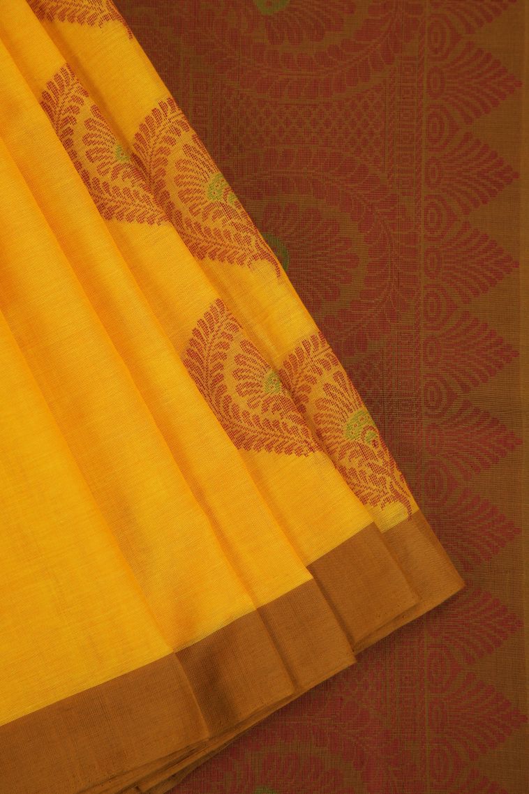 Merigold Orange Pure Handloom Kovai Cotton with Gold Zari Floral Patterns view 1
