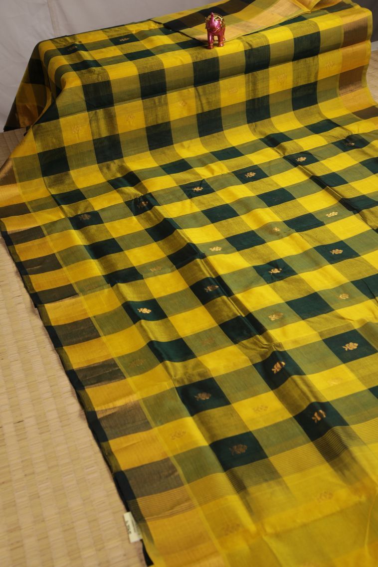 Lemon Yellow Silk Cotton with Copper Zari Checks view 2