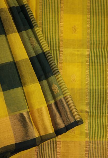 Lemon Yellow Silk Cotton with Copper Zari Checks