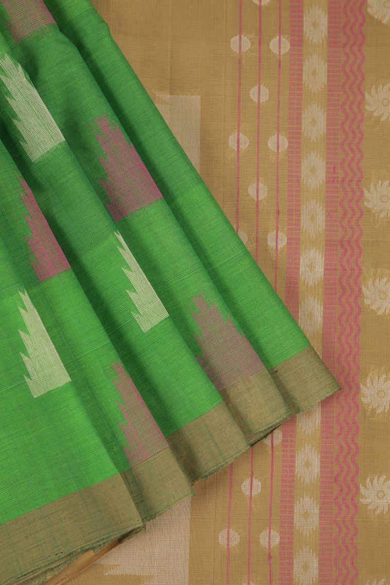 Forest Green Pure Handloom Kovai Cotton with Gold Zari Geometric Shapes view 1