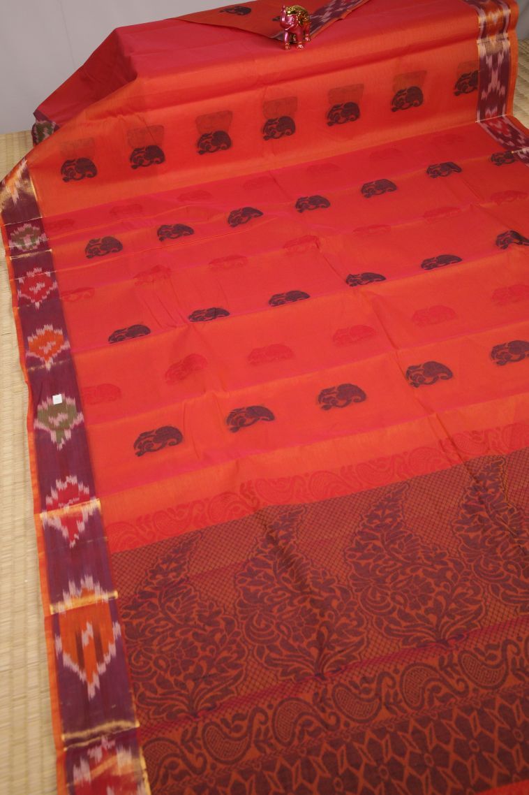 Fire Orange Kanchi Cotton Sarees with Without Zari Zari Floral Patterns view 2