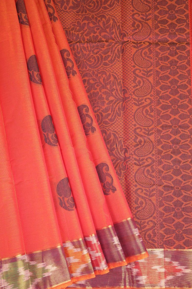 Fire Orange Kanchi Cotton Sarees with Without Zari Zari Floral Patterns view 1