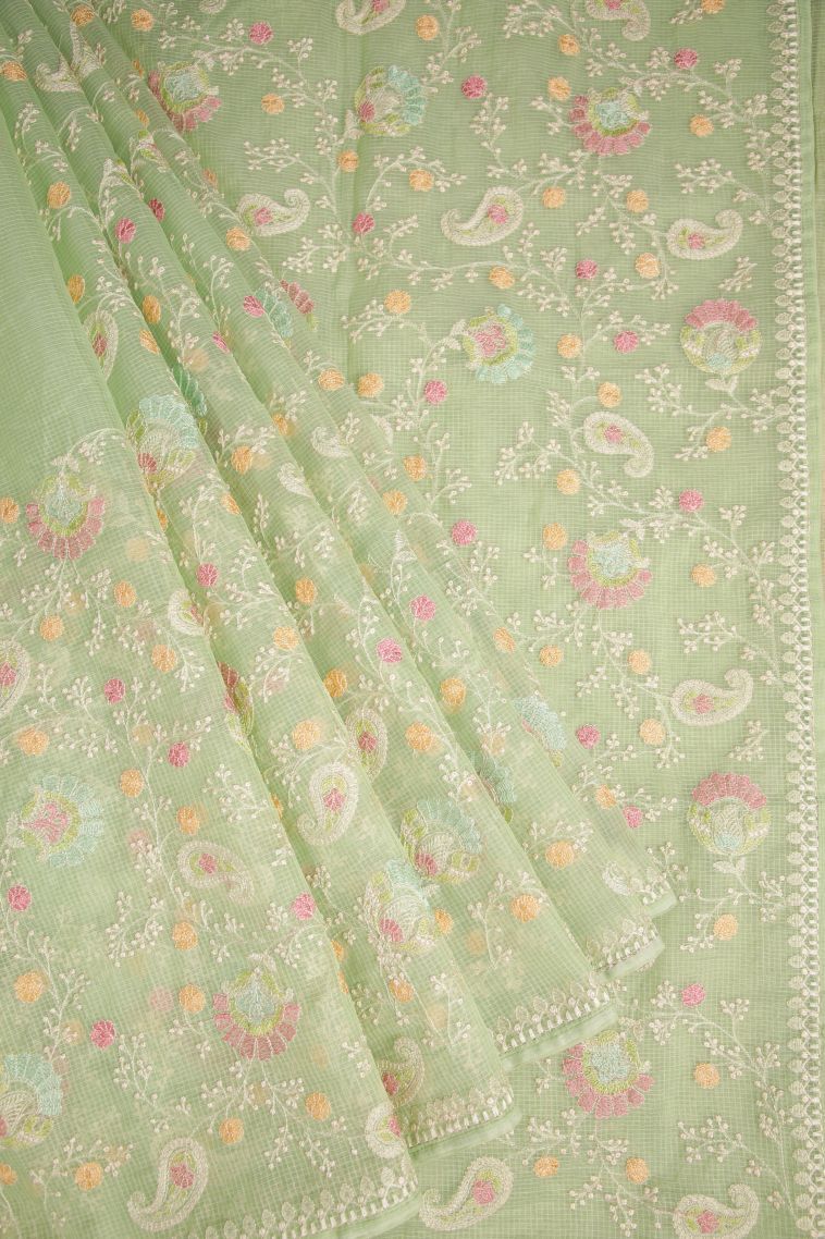 Olive Green Designer Sarees with Without Zari Zari Floral Patterns view 1