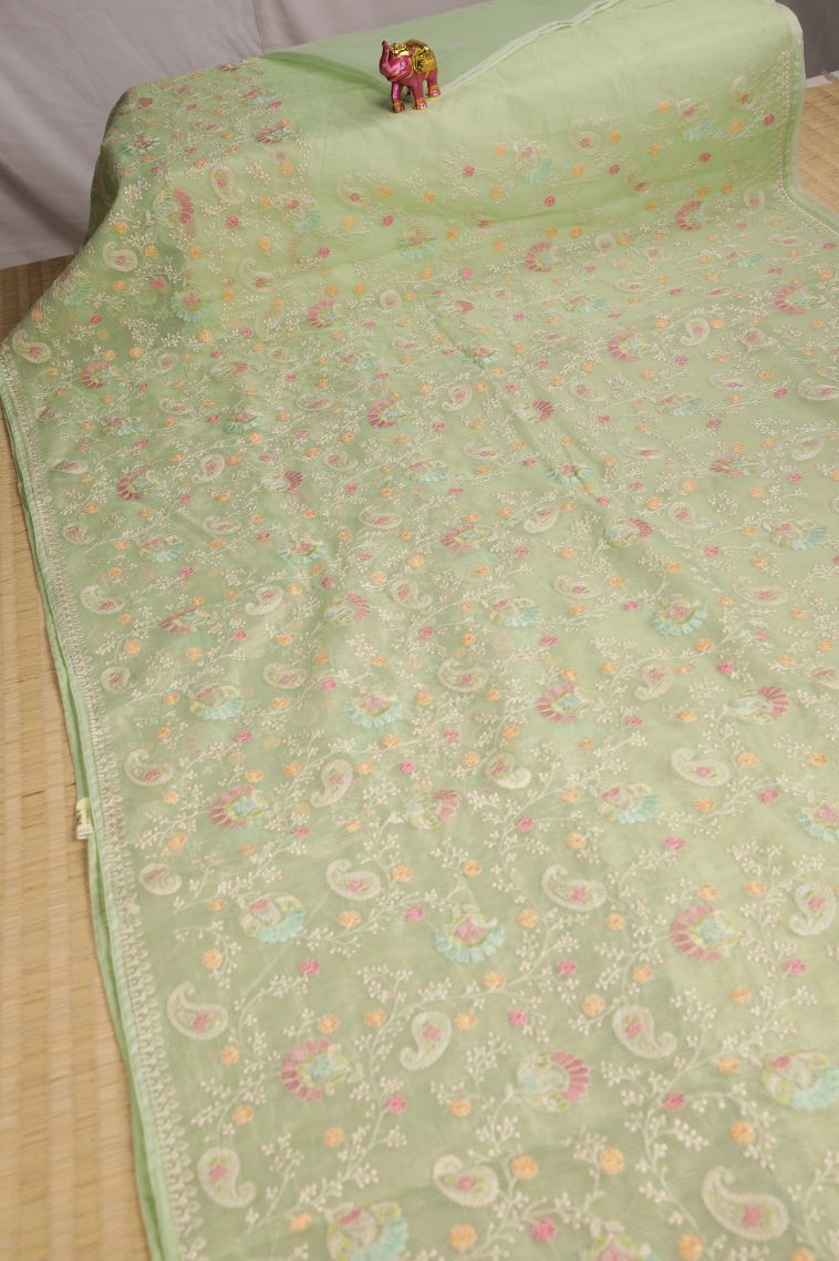 Olive Green Designer Sarees with Without Zari Zari Floral Patterns view 2