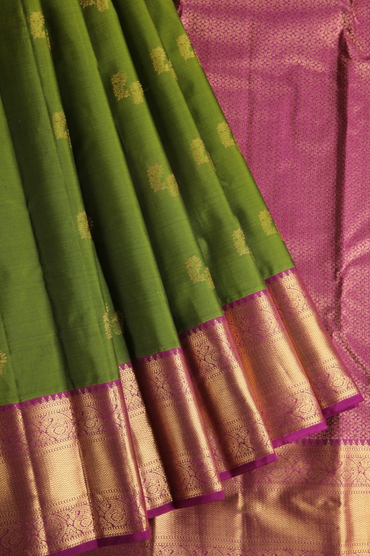 Moccon Green Soft Silk Saree with Gold Zari Floral Puttas view 1
