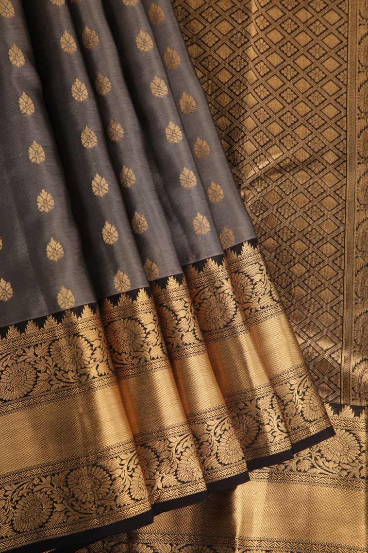 Damp Black Soft Silk Saree with Gold Zari Thilagam Puttas view 1
