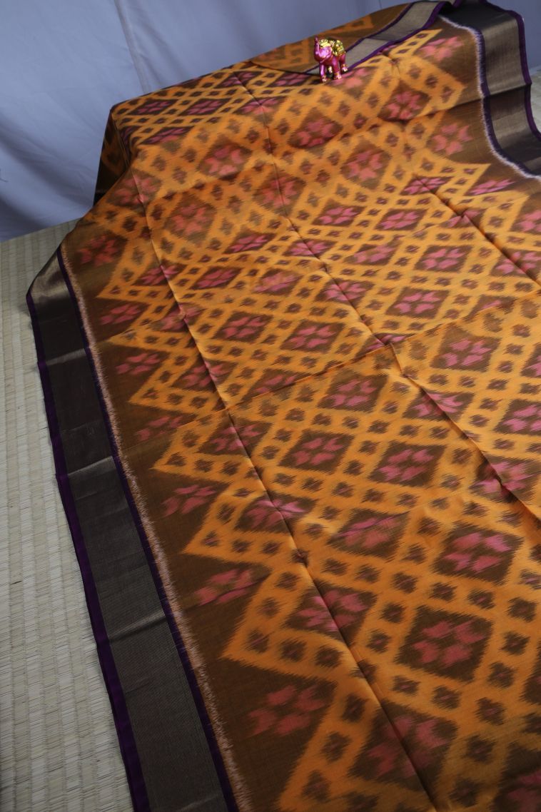 Sandstone Orange Pochampalli Saree with Gold Zari Geometric Shapes view 2