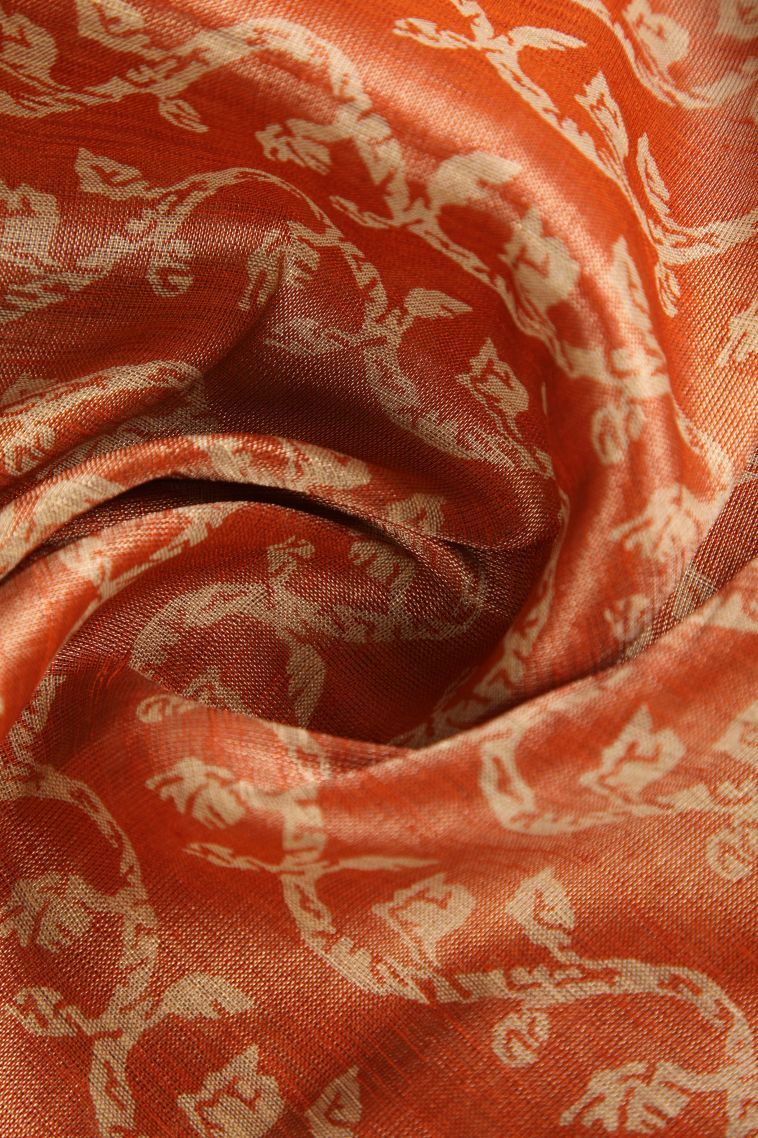 Candy Orange Semi Raw Silk Printed with Gold Zari Floral Patterns view 4