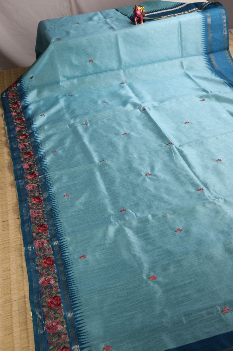 Sky Blue Raw Silk Sarees with Without Zari Zari Floral Patterns view 2